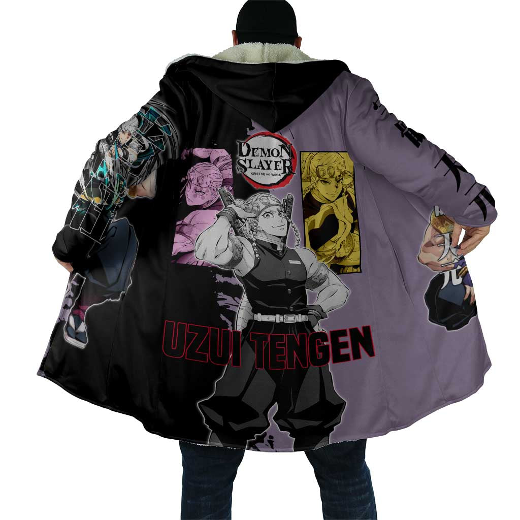 Tengen Uzui from Demon Slayer Cloak with Purple and Black Split Design and Dual Sword Manga Panel Layout - The Mazicc