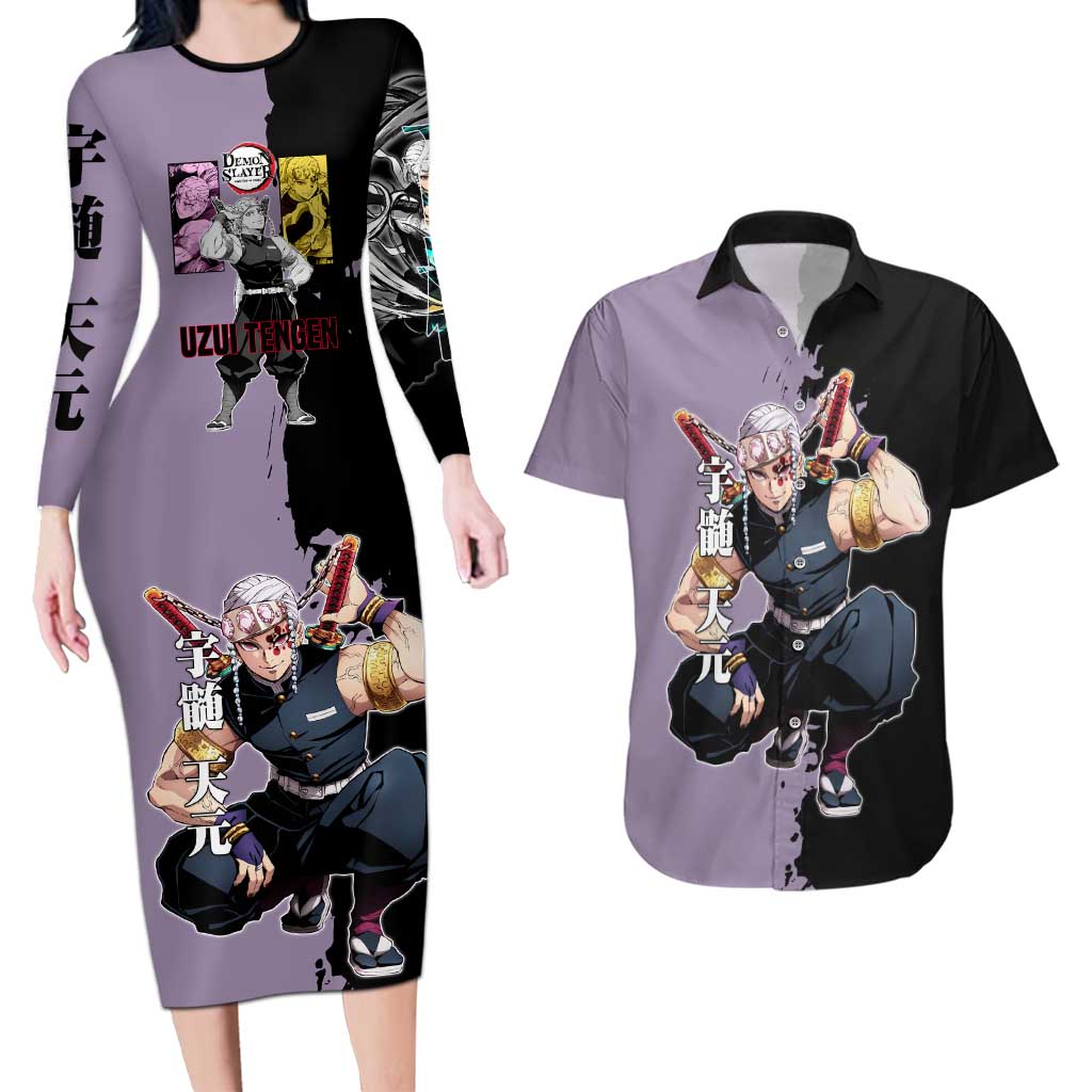 Tengen Uzui from Demon Slayer Couples Matching Long Sleeve Bodycon Dress and Hawaiian Shirt with Purple and Black Split Design and Dual Sword Manga Panel Layout - The Mazicc