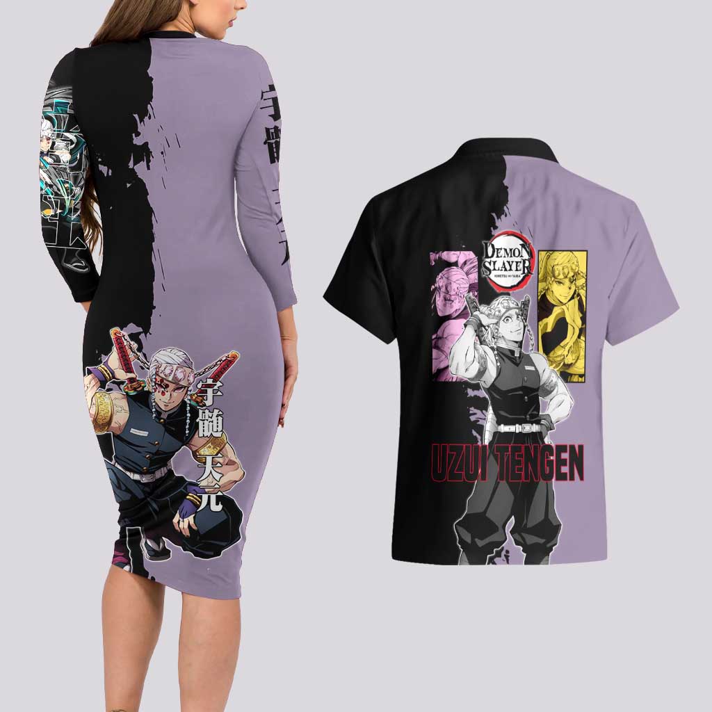 Tengen Uzui from Demon Slayer Couples Matching Long Sleeve Bodycon Dress and Hawaiian Shirt with Purple and Black Split Design and Dual Sword Manga Panel Layout - The Mazicc