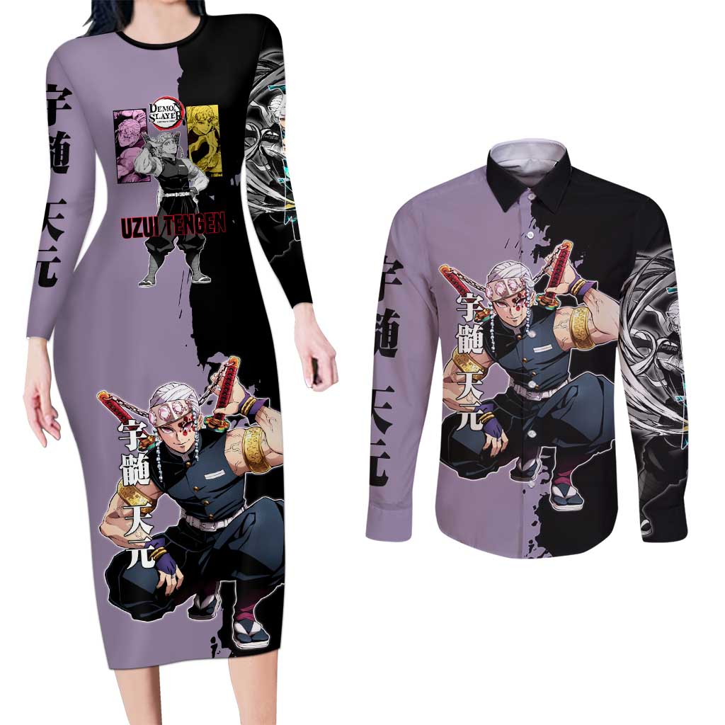 Tengen Uzui from Demon Slayer Couples Matching Long Sleeve Bodycon Dress and Long Sleeve Button Shirt with Purple and Black Split Design and Dual Sword Manga Panel Layout - The Mazicc