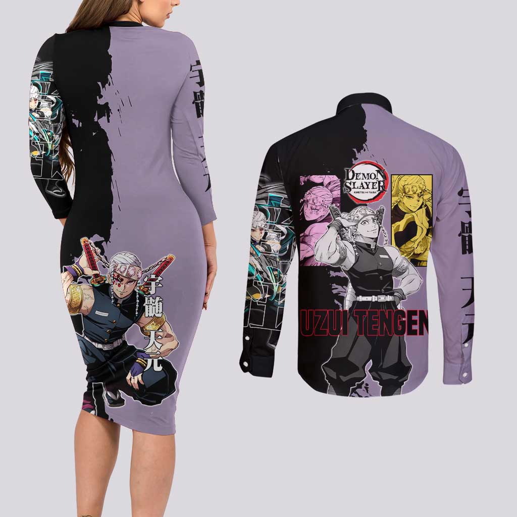 Tengen Uzui from Demon Slayer Couples Matching Long Sleeve Bodycon Dress and Long Sleeve Button Shirt with Purple and Black Split Design and Dual Sword Manga Panel Layout - The Mazicc