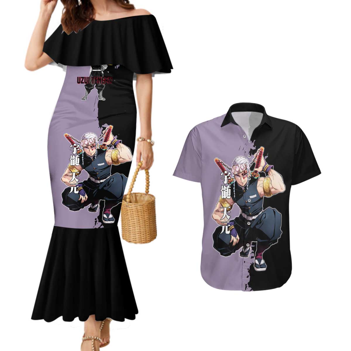 Tengen Uzui from Demon Slayer Couples Matching Mermaid Dress and Hawaiian Shirt with Purple and Black Split Design and Dual Sword Manga Panel Layout - The Mazicc