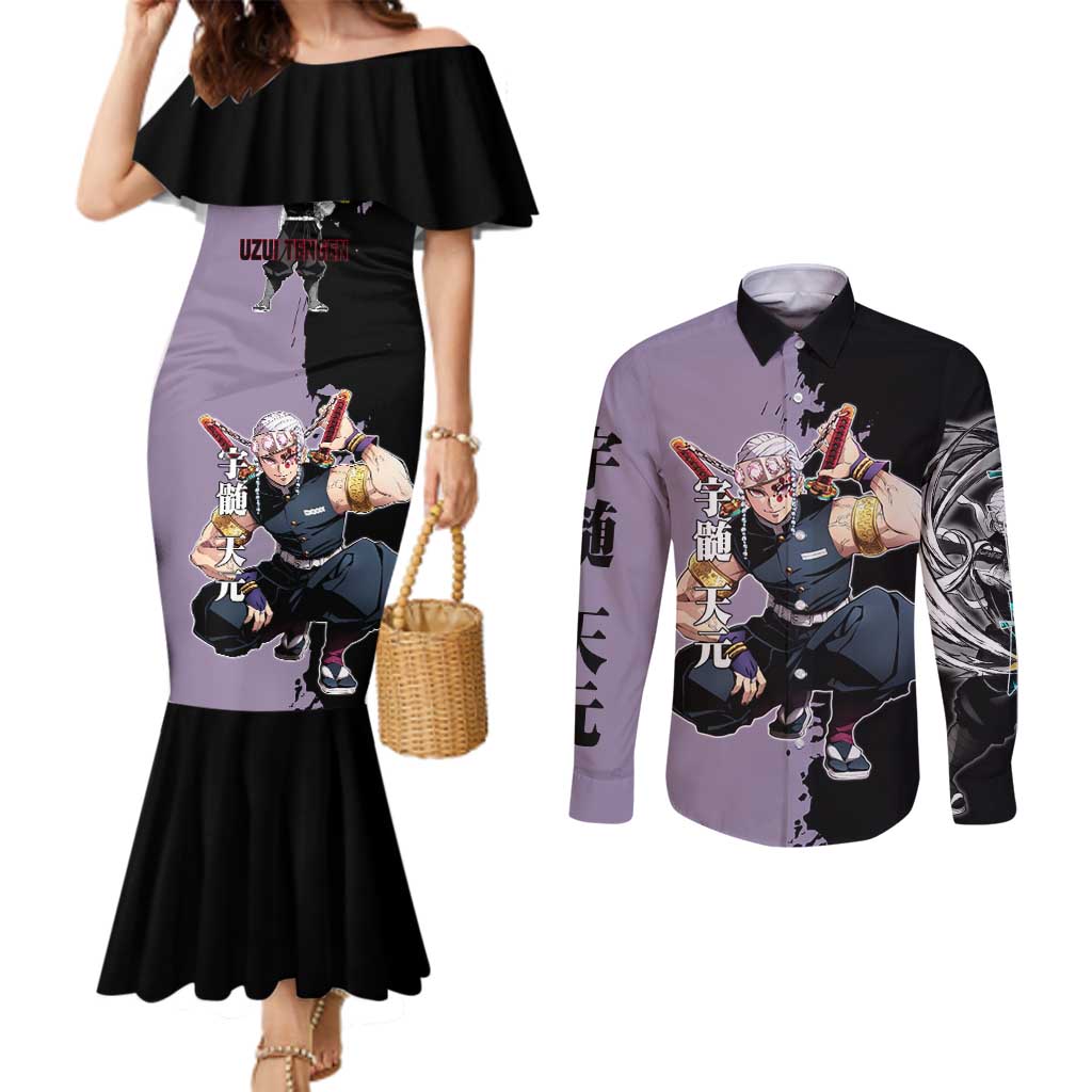 Tengen Uzui from Demon Slayer Couples Matching Mermaid Dress and Long Sleeve Button Shirt with Purple and Black Split Design and Dual Sword Manga Panel Layout - The Mazicc