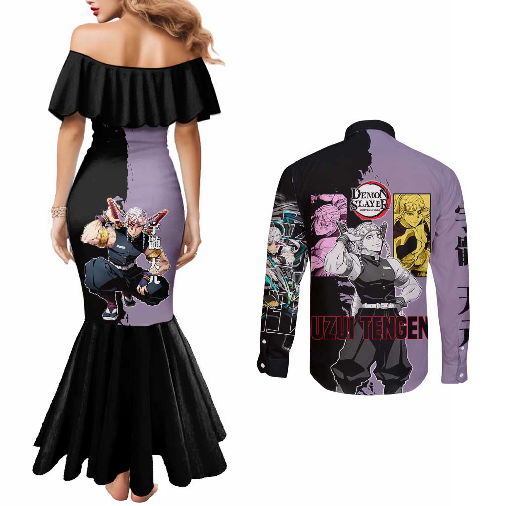 Tengen Uzui from Demon Slayer Couples Matching Mermaid Dress and Long Sleeve Button Shirt with Purple and Black Split Design and Dual Sword Manga Panel Layout - The Mazicc