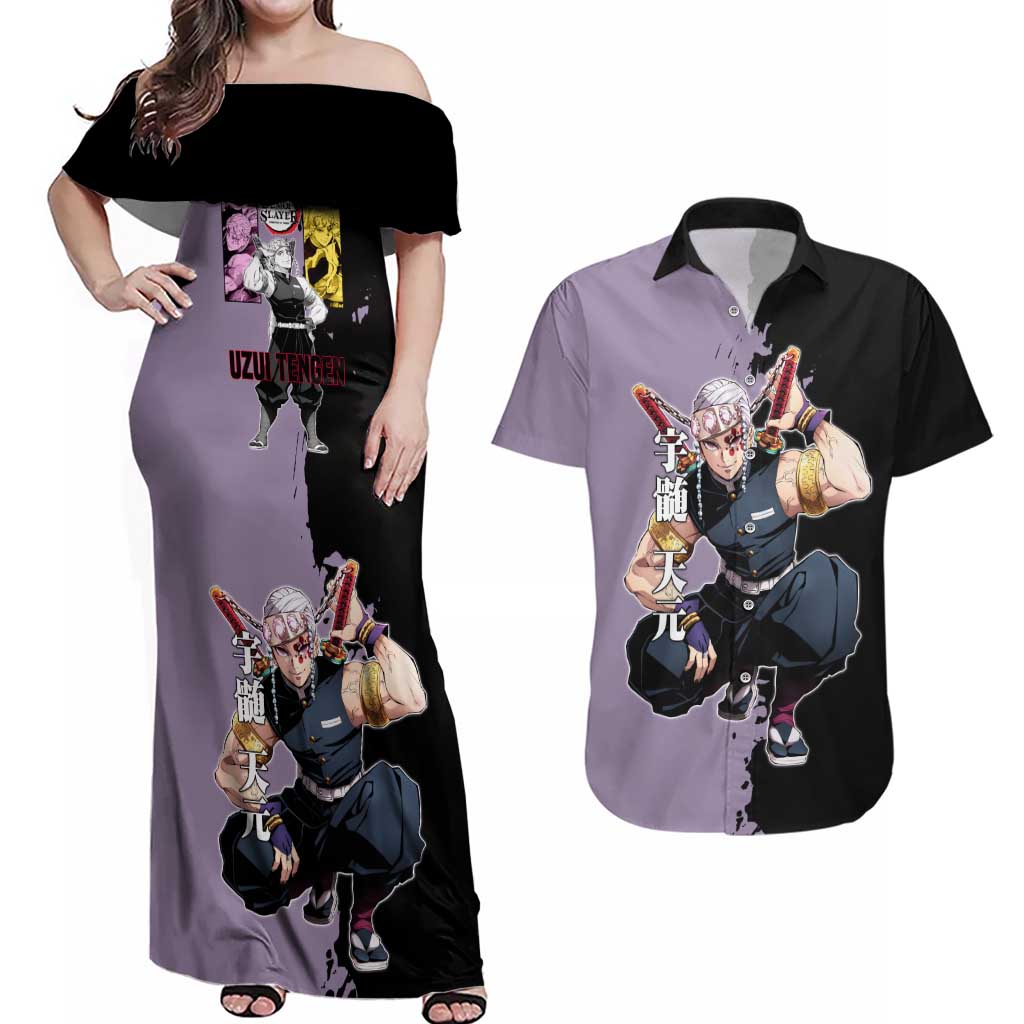 Tengen Uzui from Demon Slayer Couples Matching Off Shoulder Maxi Dress and Hawaiian Shirt with Purple and Black Split Design and Dual Sword Manga Panel Layout - The Mazicc