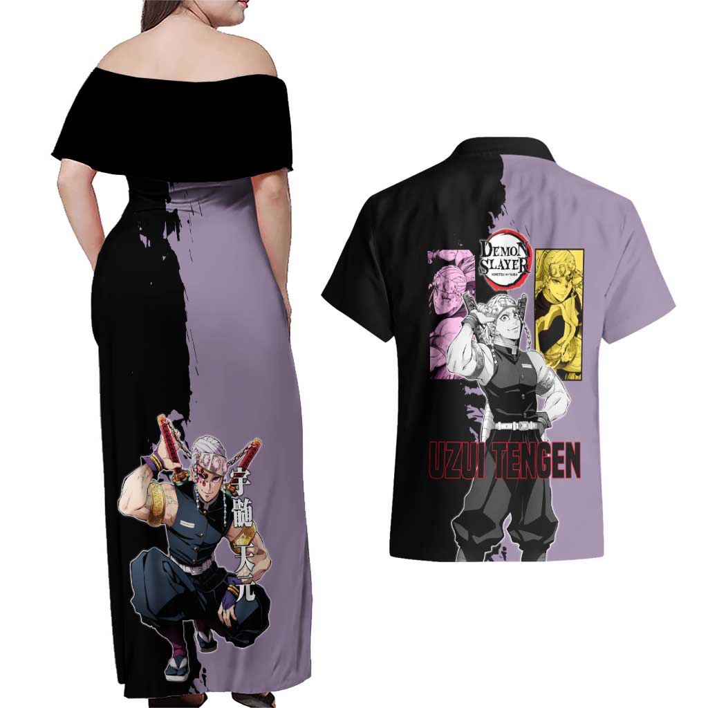 Tengen Uzui from Demon Slayer Couples Matching Off Shoulder Maxi Dress and Hawaiian Shirt with Purple and Black Split Design and Dual Sword Manga Panel Layout - The Mazicc