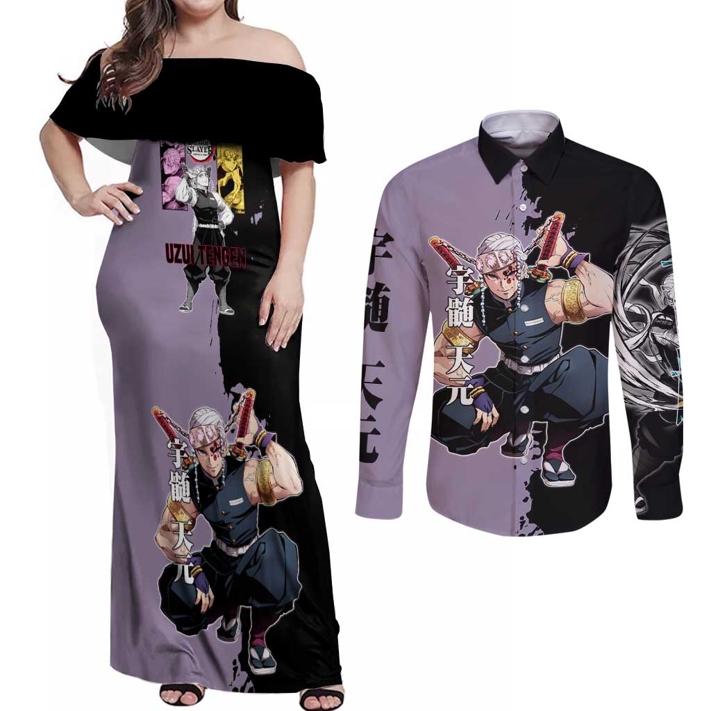 Tengen Uzui from Demon Slayer Couples Matching Off Shoulder Maxi Dress and Long Sleeve Button Shirt with Purple and Black Split Design and Dual Sword Manga Panel Layout - The Mazicc