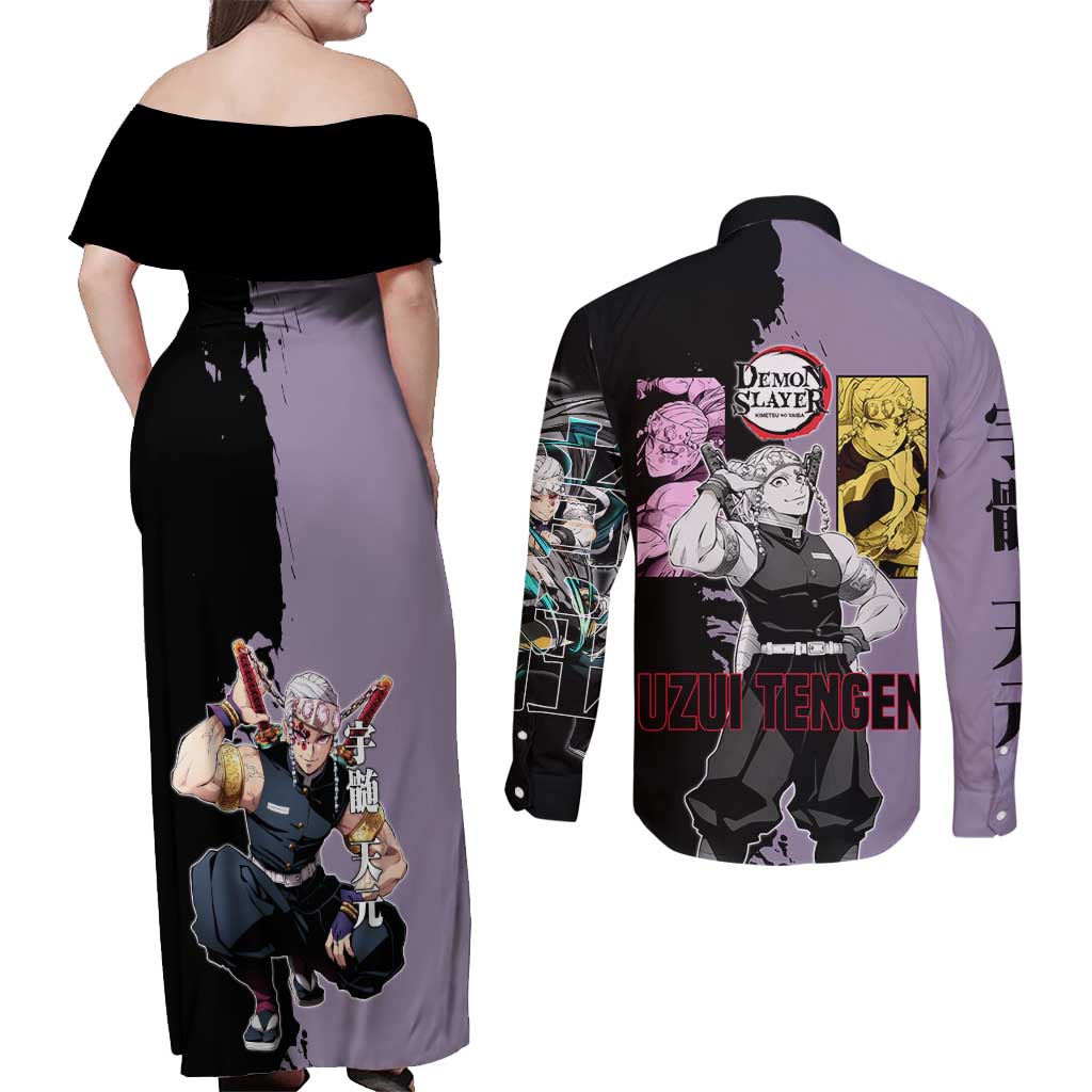 Tengen Uzui from Demon Slayer Couples Matching Off Shoulder Maxi Dress and Long Sleeve Button Shirt with Purple and Black Split Design and Dual Sword Manga Panel Layout - The Mazicc