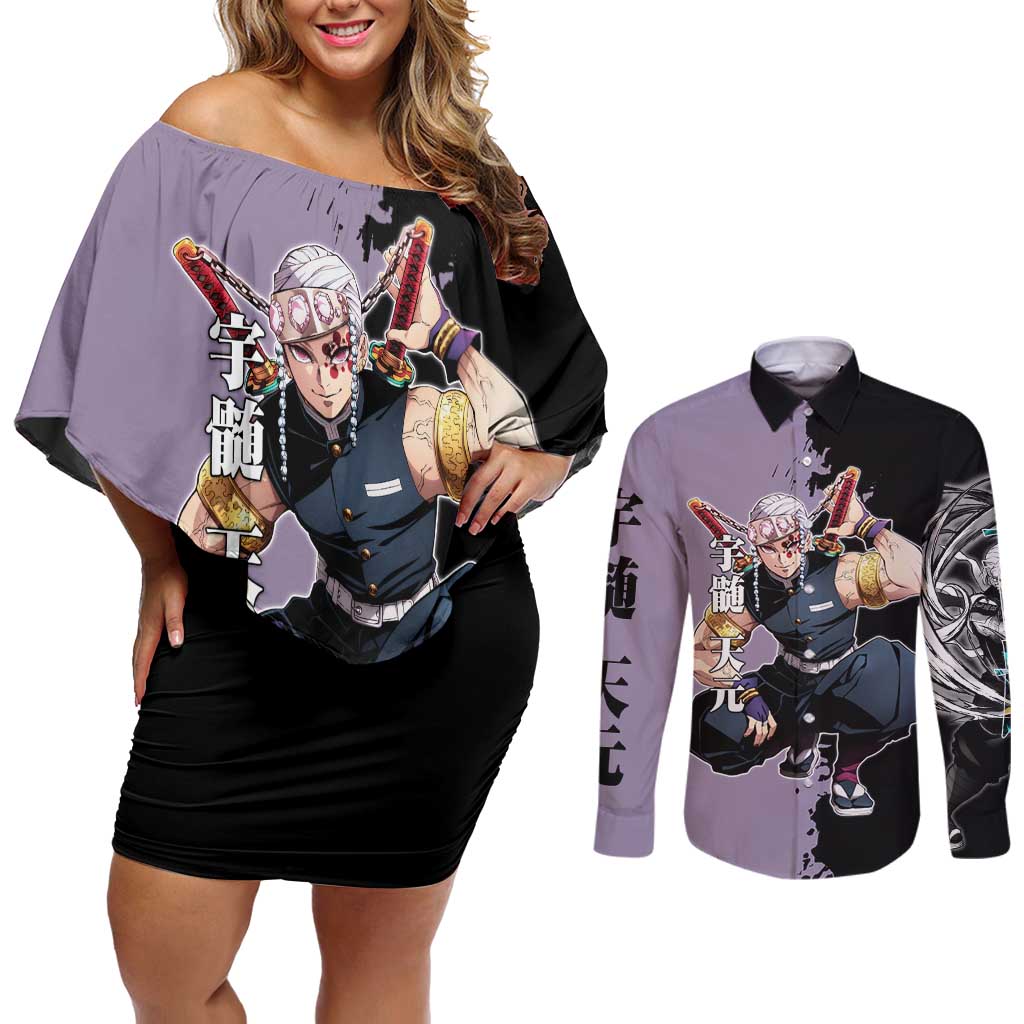 Tengen Uzui from Demon Slayer Couples Matching Off Shoulder Short Dress and Long Sleeve Button Shirt with Purple and Black Split Design and Dual Sword Manga Panel Layout - The Mazicc