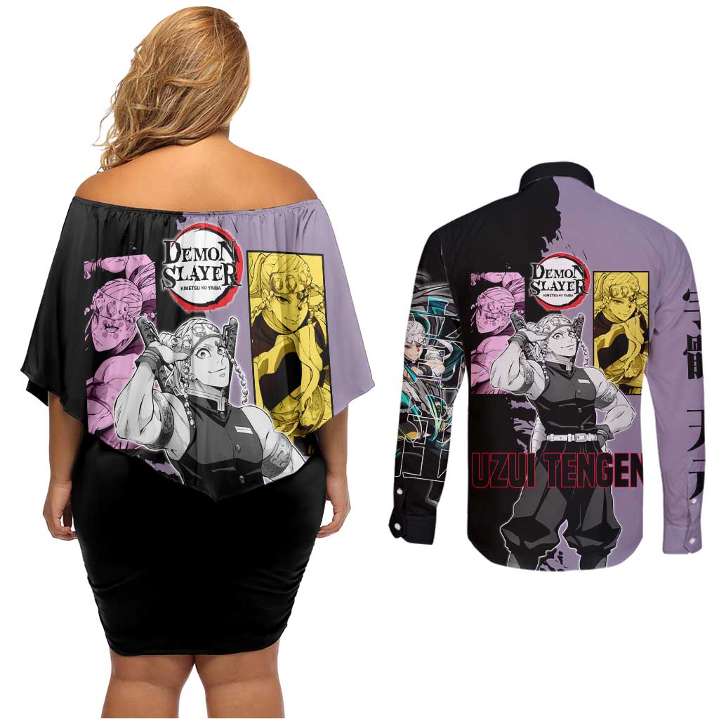 Tengen Uzui from Demon Slayer Couples Matching Off Shoulder Short Dress and Long Sleeve Button Shirt with Purple and Black Split Design and Dual Sword Manga Panel Layout - The Mazicc