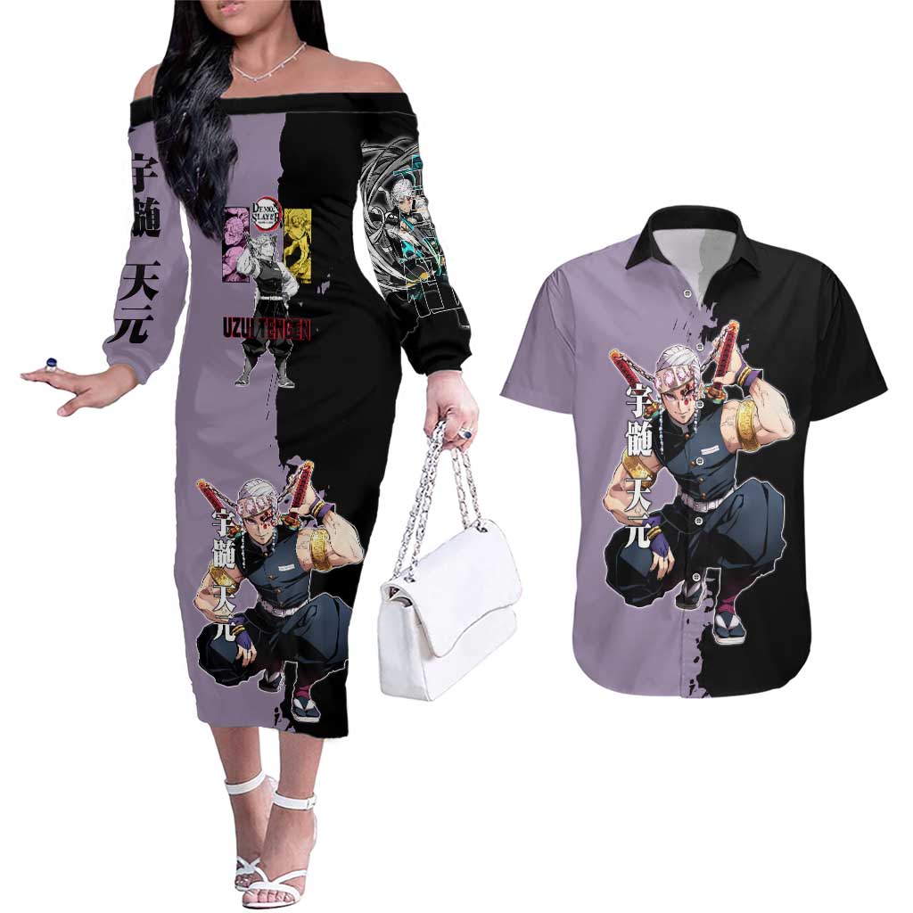 Tengen Uzui from Demon Slayer Couples Matching Off The Shoulder Long Sleeve Dress and Hawaiian Shirt with Purple and Black Split Design and Dual Sword Manga Panel Layout - The Mazicc