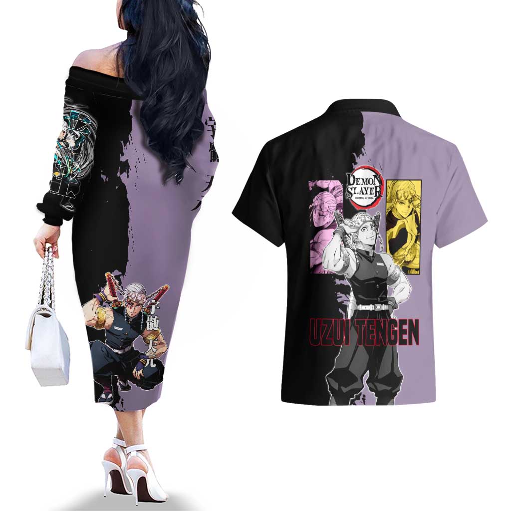 Tengen Uzui from Demon Slayer Couples Matching Off The Shoulder Long Sleeve Dress and Hawaiian Shirt with Purple and Black Split Design and Dual Sword Manga Panel Layout - The Mazicc