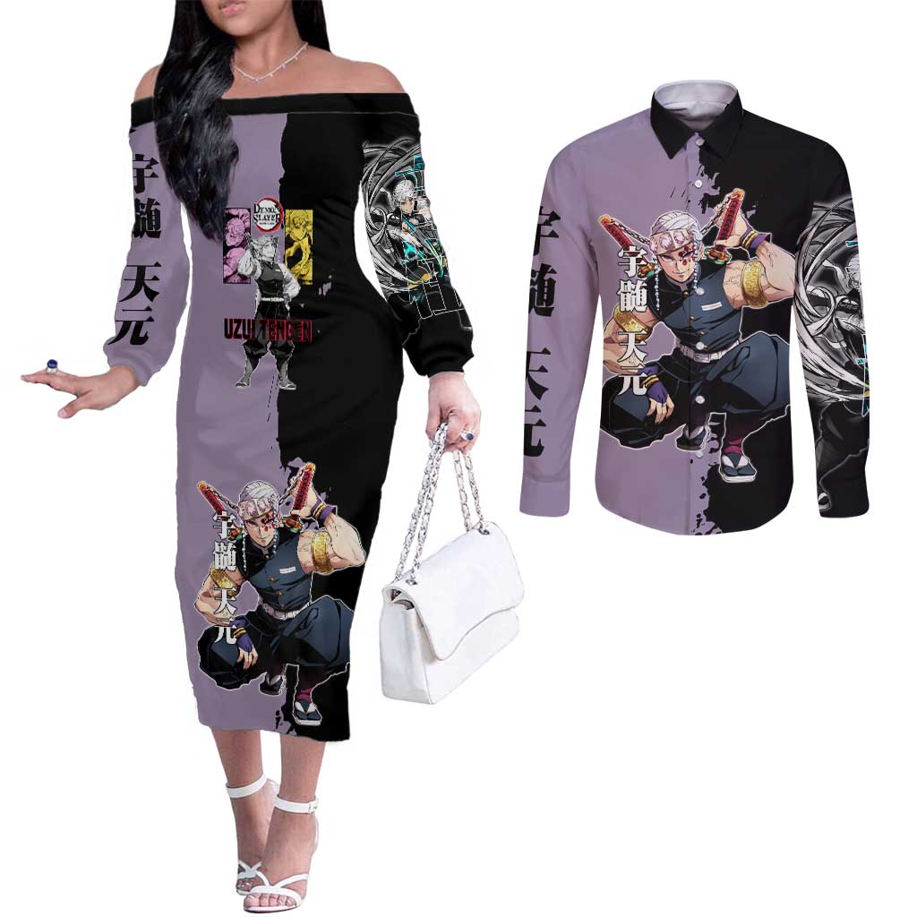 Tengen Uzui from Demon Slayer Couples Matching Off The Shoulder Long Sleeve Dress and Long Sleeve Button Shirt with Purple and Black Split Design and Dual Sword Manga Panel Layout - The Mazicc