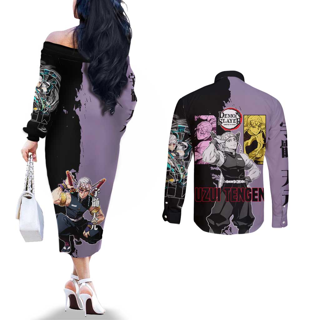 Tengen Uzui from Demon Slayer Couples Matching Off The Shoulder Long Sleeve Dress and Long Sleeve Button Shirt with Purple and Black Split Design and Dual Sword Manga Panel Layout - The Mazicc