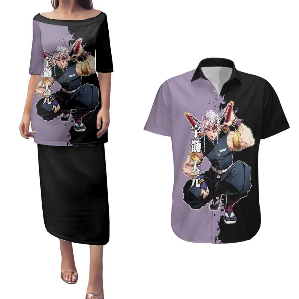 Tengen Uzui from Demon Slayer Couples Matching Puletasi and Hawaiian Shirt with Purple and Black Split Design and Dual Sword Manga Panel Layout - The Mazicc