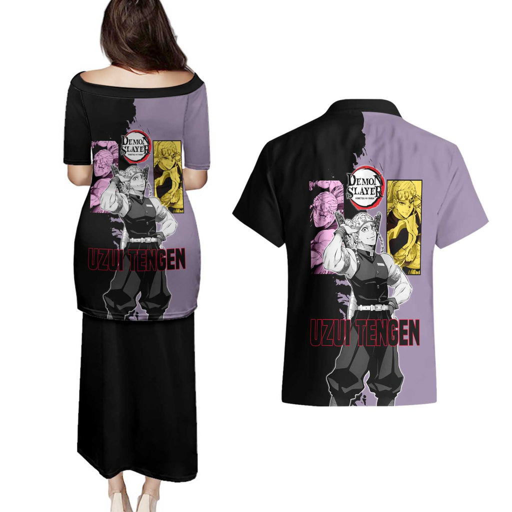 Tengen Uzui from Demon Slayer Couples Matching Puletasi and Hawaiian Shirt with Purple and Black Split Design and Dual Sword Manga Panel Layout - The Mazicc
