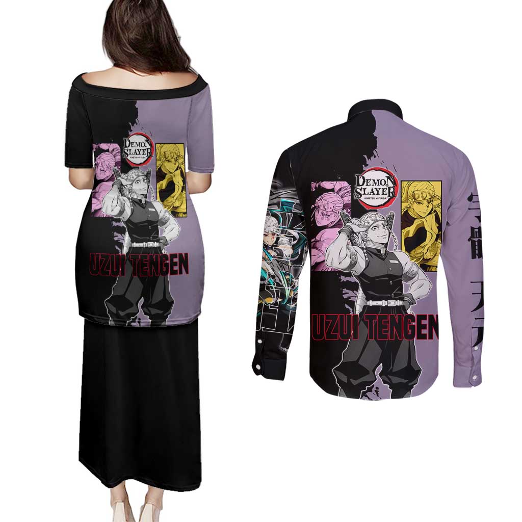 Tengen Uzui from Demon Slayer Couples Matching Puletasi and Long Sleeve Button Shirt with Purple and Black Split Design and Dual Sword Manga Panel Layout - The Mazicc
