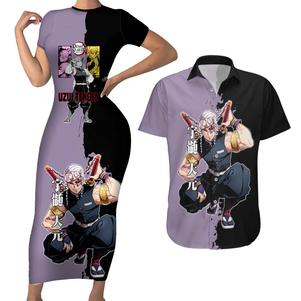 Tengen Uzui from Demon Slayer Couples Matching Short Sleeve Bodycon Dress and Hawaiian Shirt with Purple and Black Split Design and Dual Sword Manga Panel Layout - The Mazicc