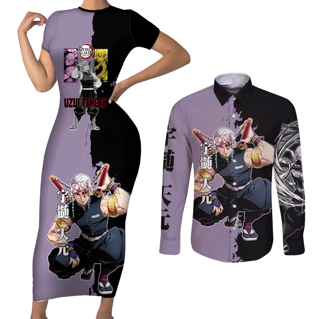 Tengen Uzui from Demon Slayer Couples Matching Short Sleeve Bodycon Dress and Long Sleeve Button Shirt with Purple and Black Split Design and Dual Sword Manga Panel Layout - The Mazicc