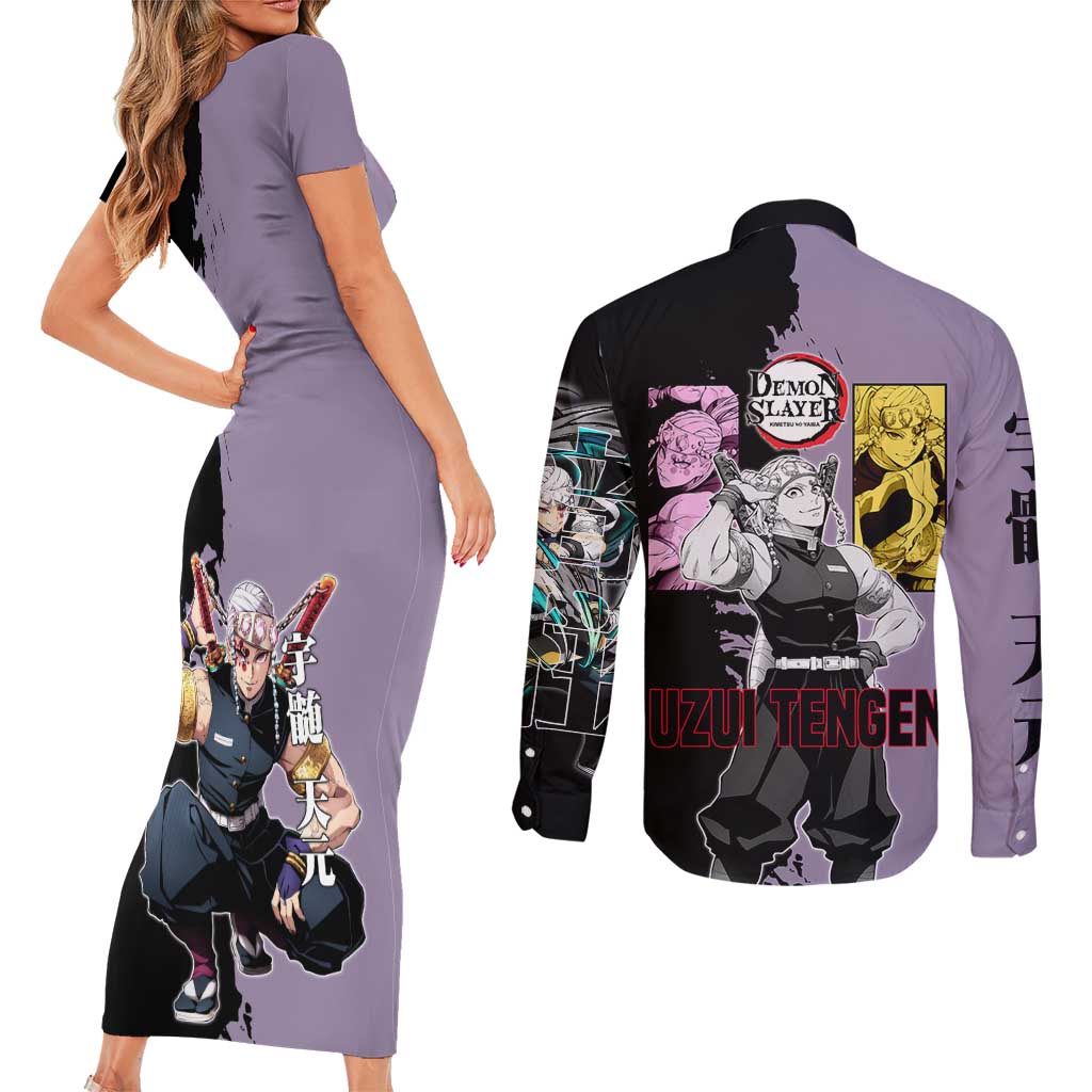 Tengen Uzui from Demon Slayer Couples Matching Short Sleeve Bodycon Dress and Long Sleeve Button Shirt with Purple and Black Split Design and Dual Sword Manga Panel Layout - The Mazicc