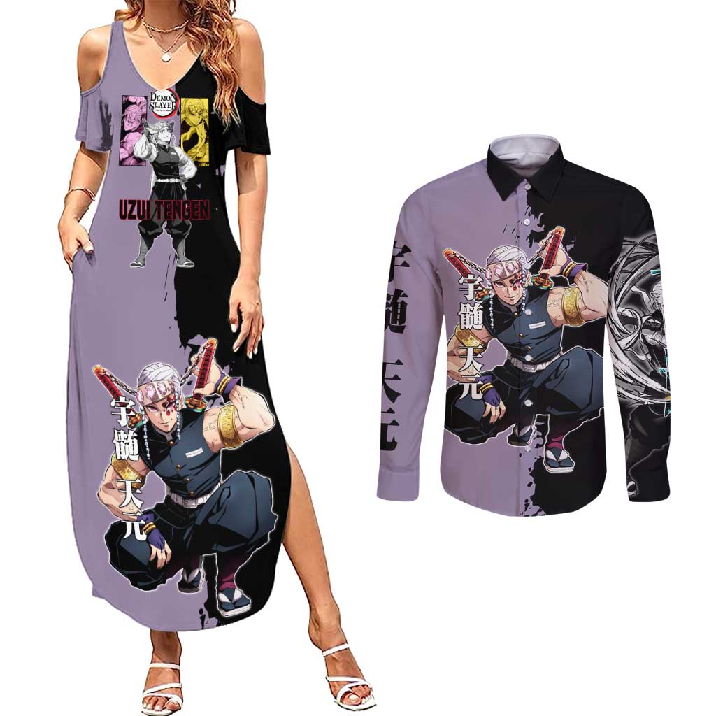 Tengen Uzui from Demon Slayer Couples Matching Summer Maxi Dress and Long Sleeve Button Shirt with Purple and Black Split Design and Dual Sword Manga Panel Layout - The Mazicc