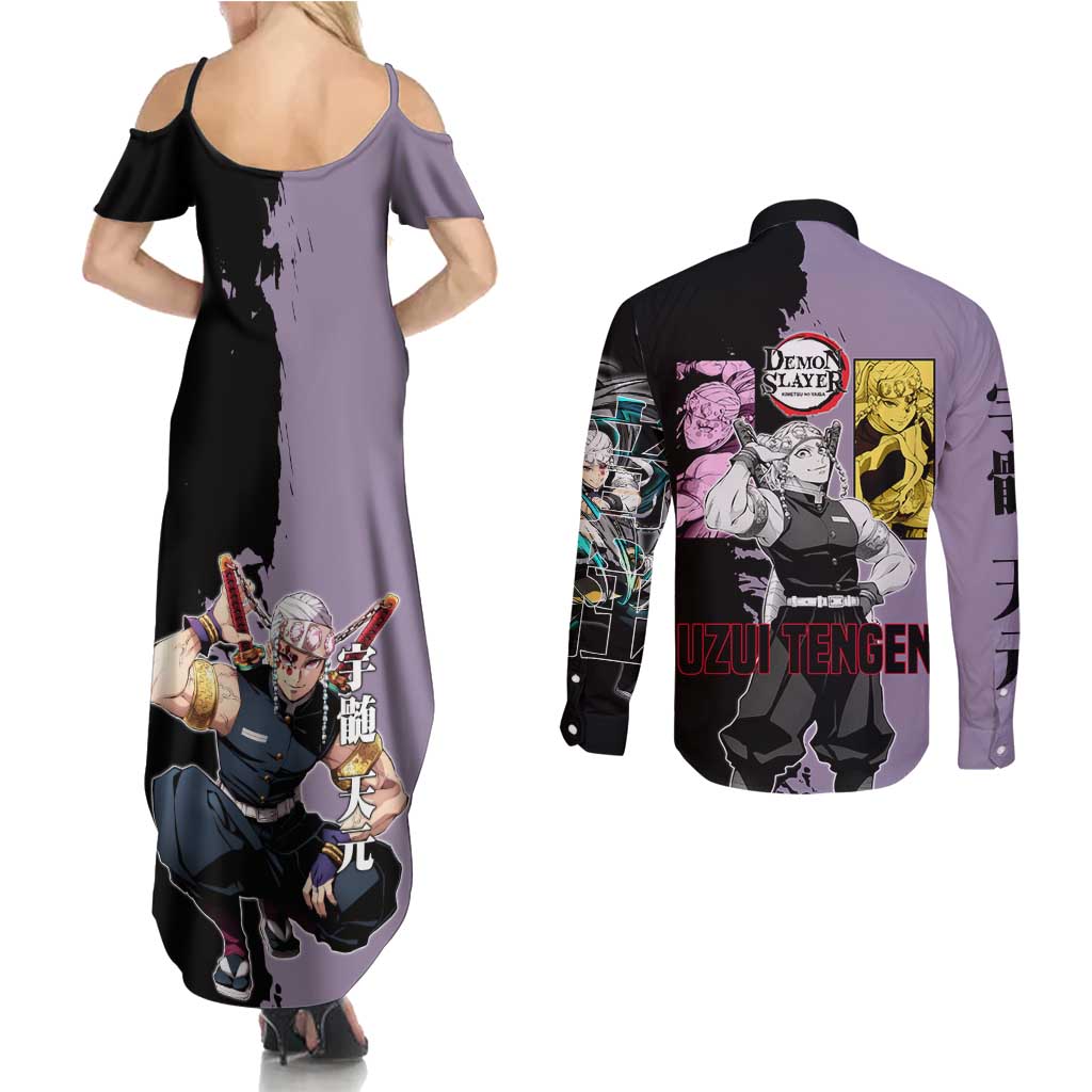 Tengen Uzui from Demon Slayer Couples Matching Summer Maxi Dress and Long Sleeve Button Shirt with Purple and Black Split Design and Dual Sword Manga Panel Layout - The Mazicc