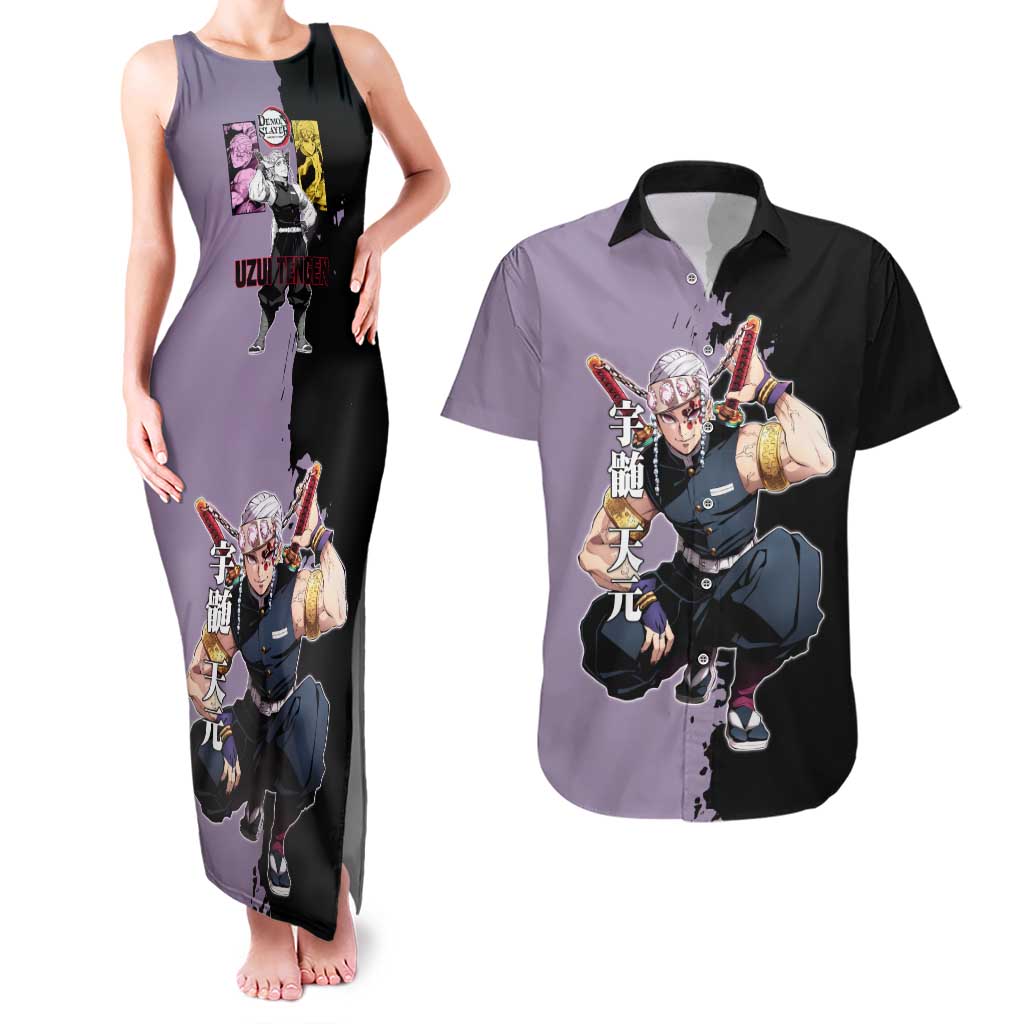 Tengen Uzui from Demon Slayer Couples Matching Tank Maxi Dress and Hawaiian Shirt with Purple and Black Split Design and Dual Sword Manga Panel Layout - The Mazicc