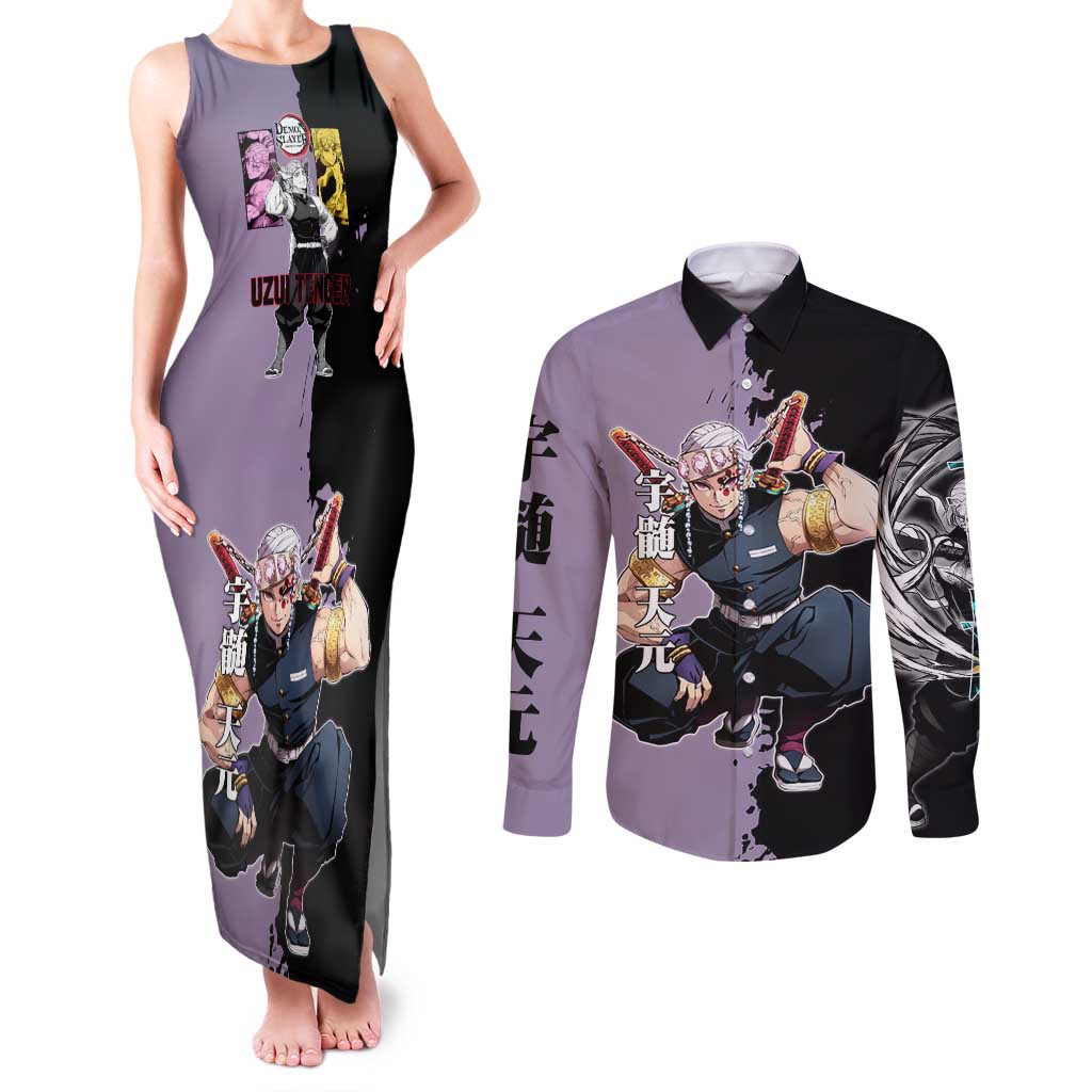 Tengen Uzui from Demon Slayer Couples Matching Tank Maxi Dress and Long Sleeve Button Shirt with Purple and Black Split Design and Dual Sword Manga Panel Layout - The Mazicc