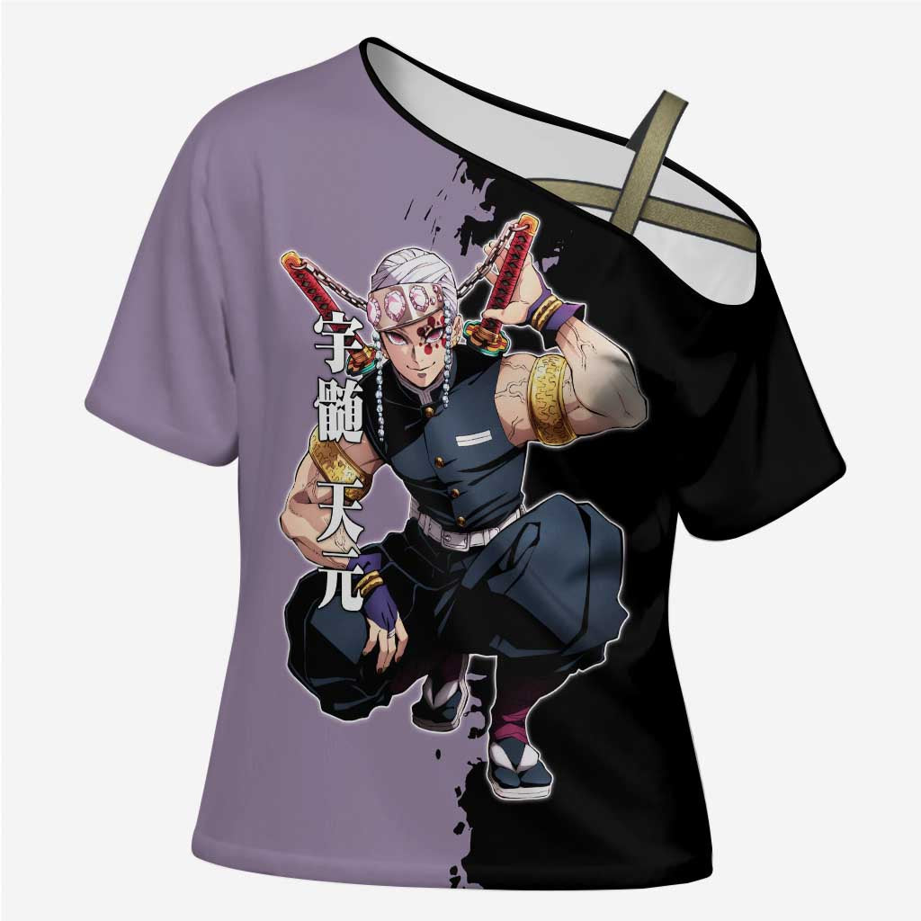 Tengen Uzui from Demon Slayer Cross Shoulder Shirt with Purple and Black Split Design and Dual Sword Manga Panel Layout - The Mazicc