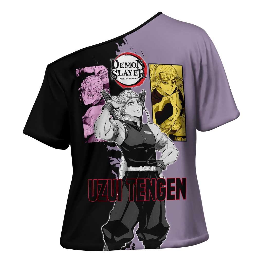 Tengen Uzui from Demon Slayer Cross Shoulder Shirt with Purple and Black Split Design and Dual Sword Manga Panel Layout - The Mazicc
