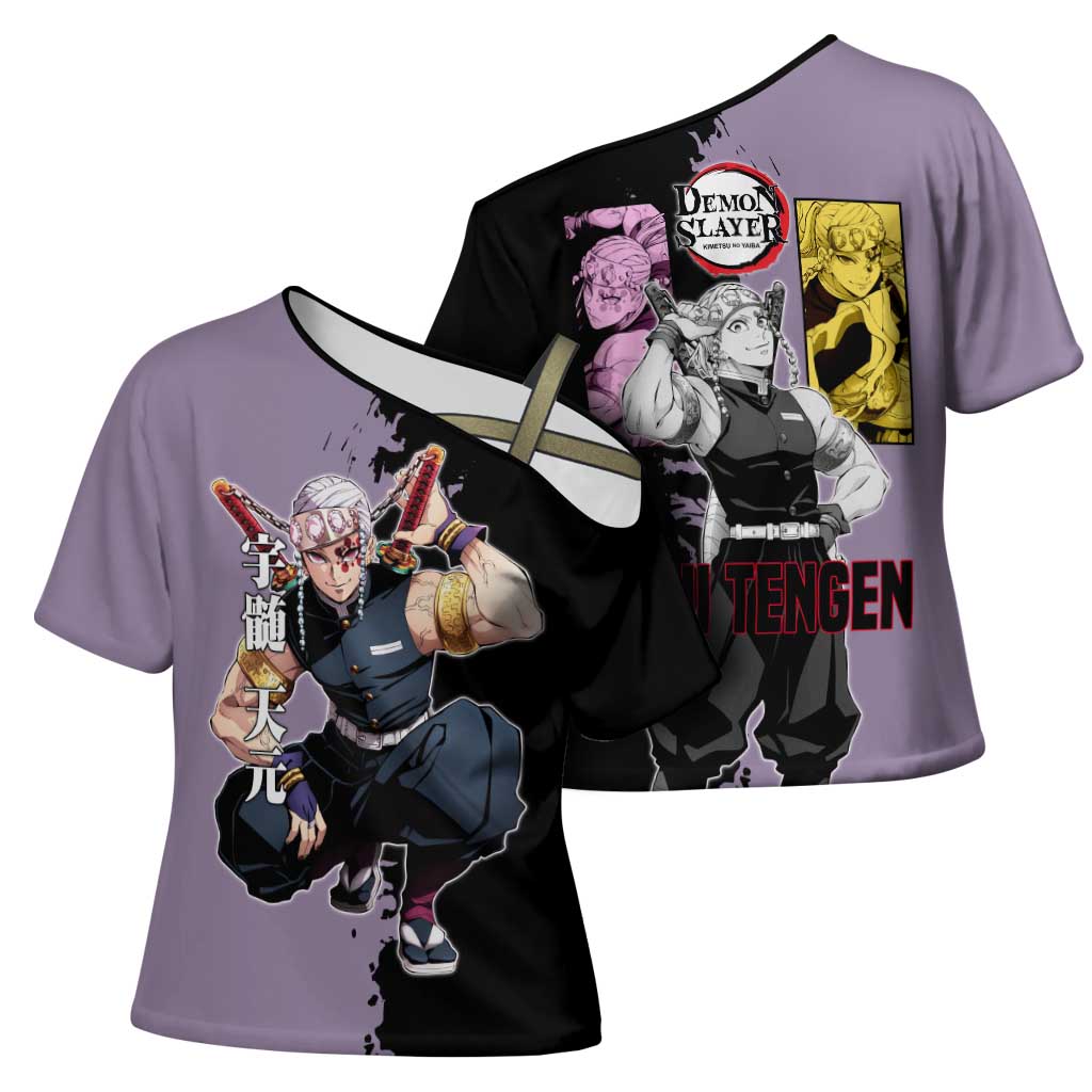 Tengen Uzui from Demon Slayer Cross Shoulder Shirt with Purple and Black Split Design and Dual Sword Manga Panel Layout - The Mazicc