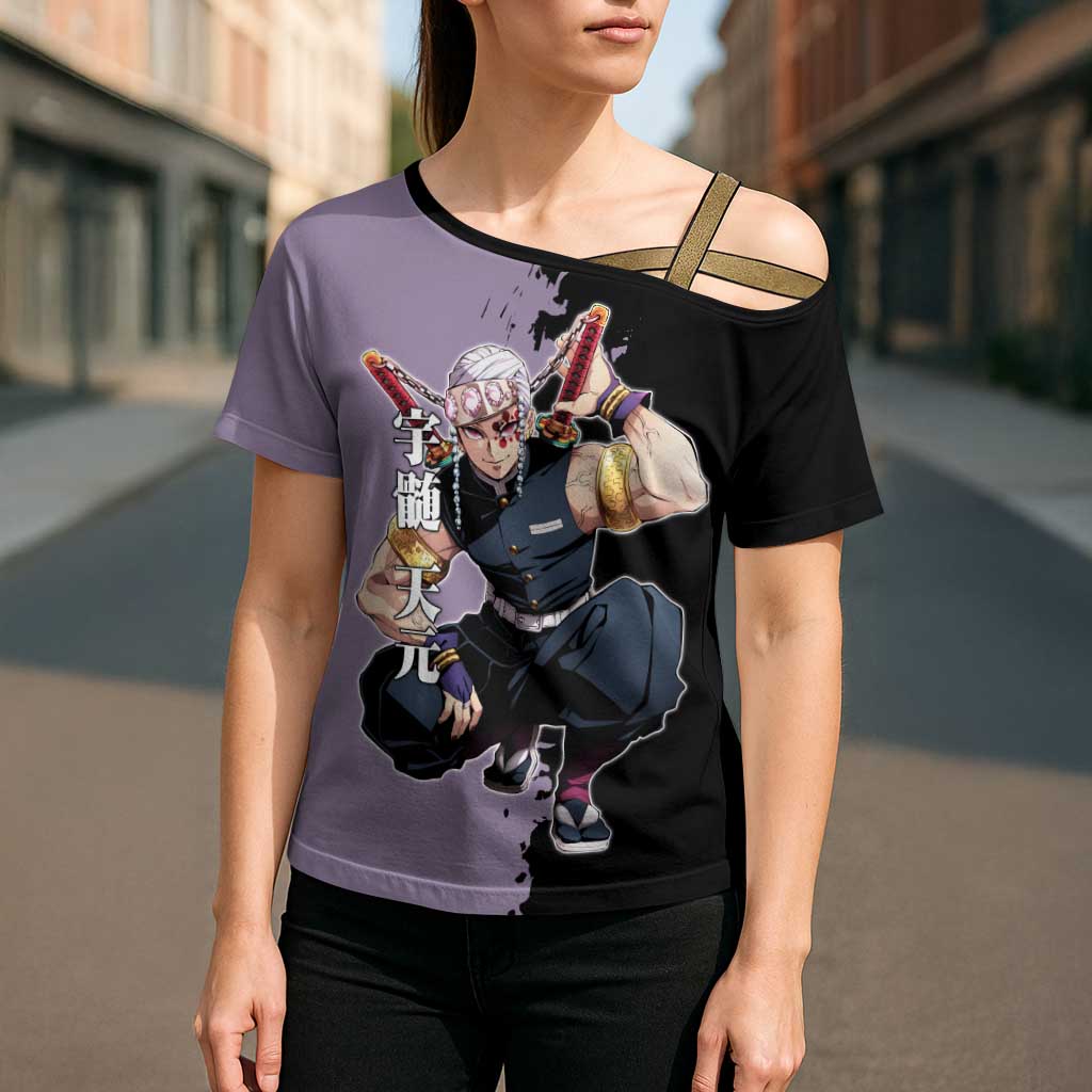 Tengen Uzui from Demon Slayer Cross Shoulder Shirt with Purple and Black Split Design and Dual Sword Manga Panel Layout - The Mazicc
