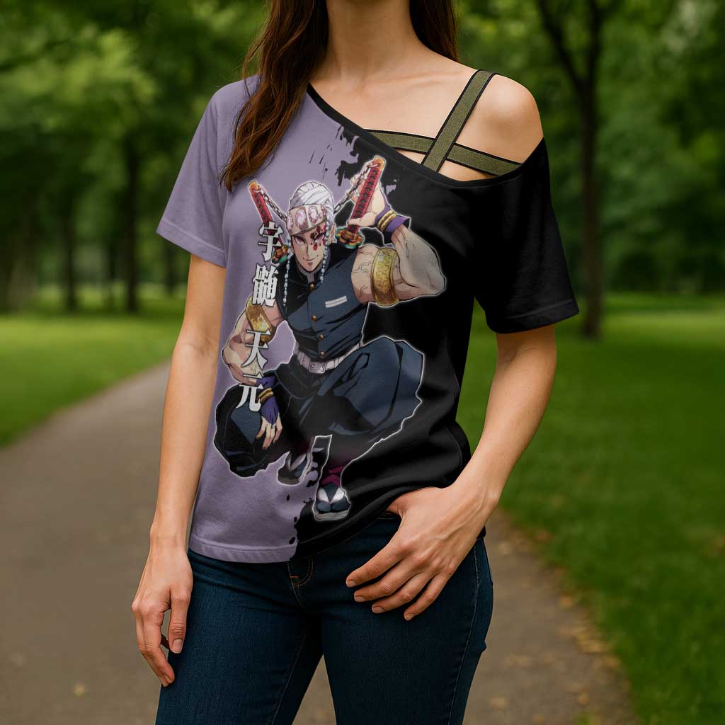 Tengen Uzui from Demon Slayer Cross Shoulder Shirt with Purple and Black Split Design and Dual Sword Manga Panel Layout - The Mazicc