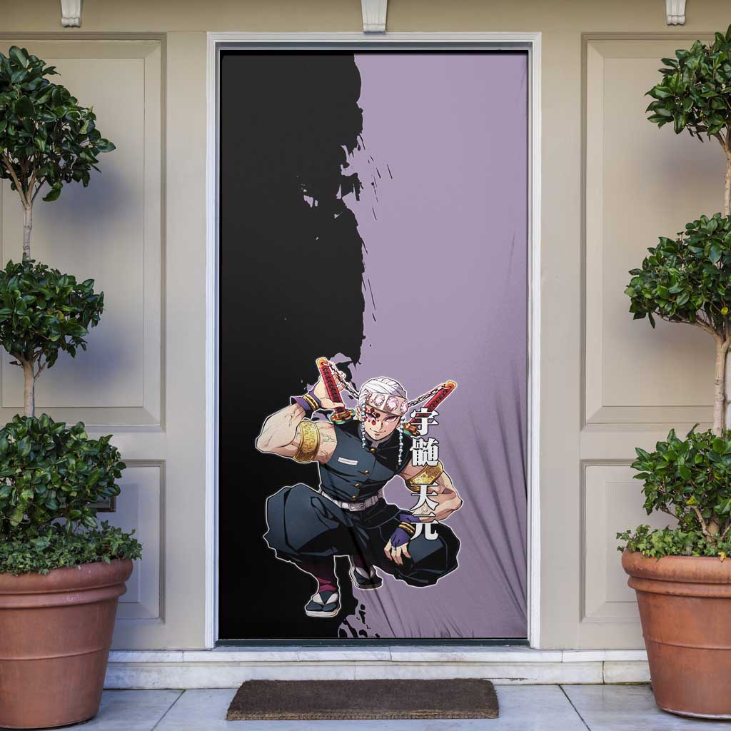 Tengen Uzui from Demon Slayer Door Cover with Purple and Black Split Design and Dual Sword Manga Panel Layout - The Mazicc