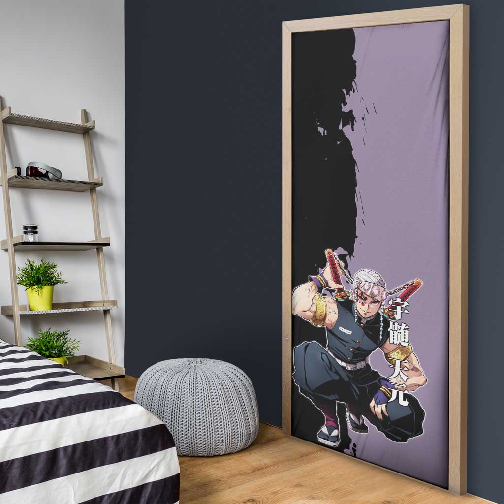 Tengen Uzui from Demon Slayer Door Cover with Purple and Black Split Design and Dual Sword Manga Panel Layout - The Mazicc