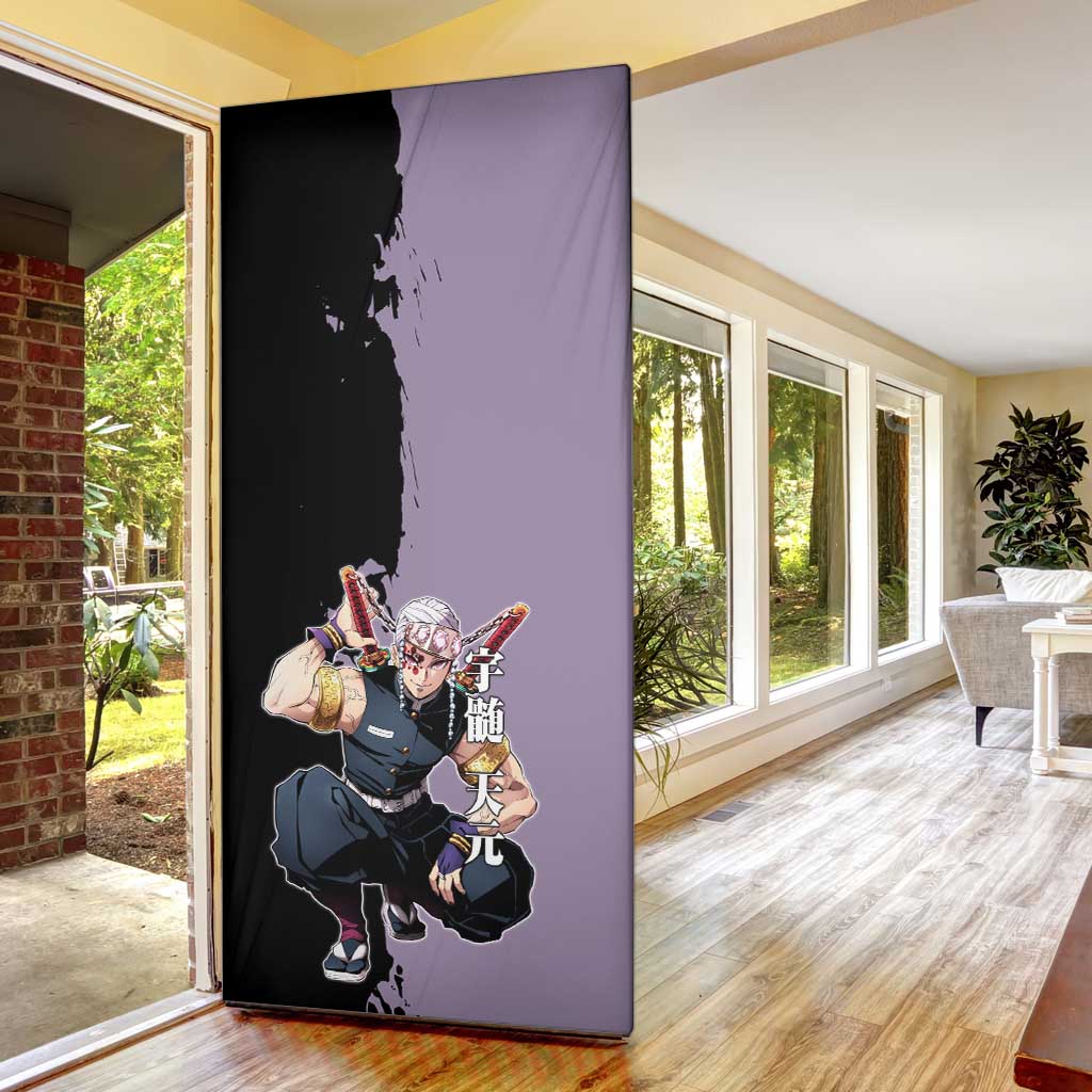 Tengen Uzui from Demon Slayer Door Cover with Purple and Black Split Design and Dual Sword Manga Panel Layout - The Mazicc