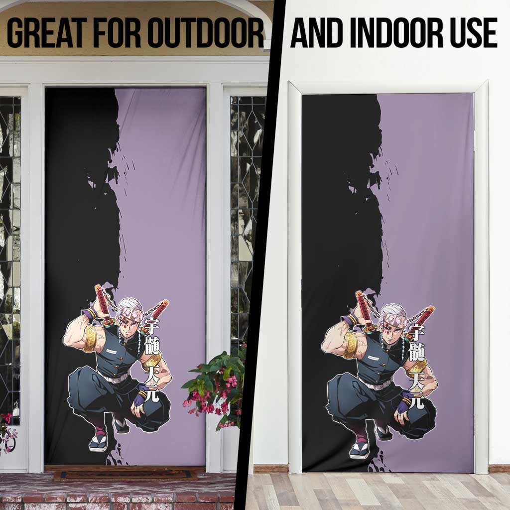 Tengen Uzui from Demon Slayer Door Cover with Purple and Black Split Design and Dual Sword Manga Panel Layout - The Mazicc