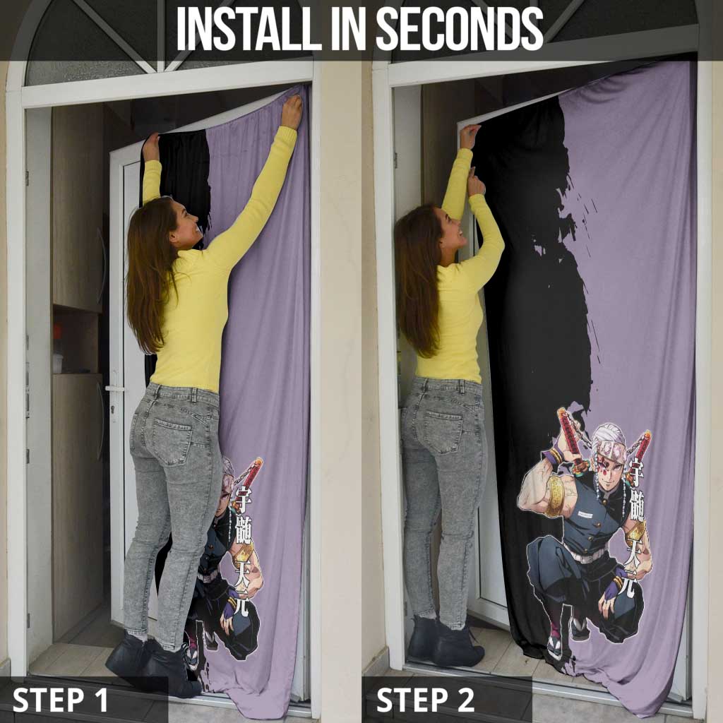 Tengen Uzui from Demon Slayer Door Cover with Purple and Black Split Design and Dual Sword Manga Panel Layout - The Mazicc