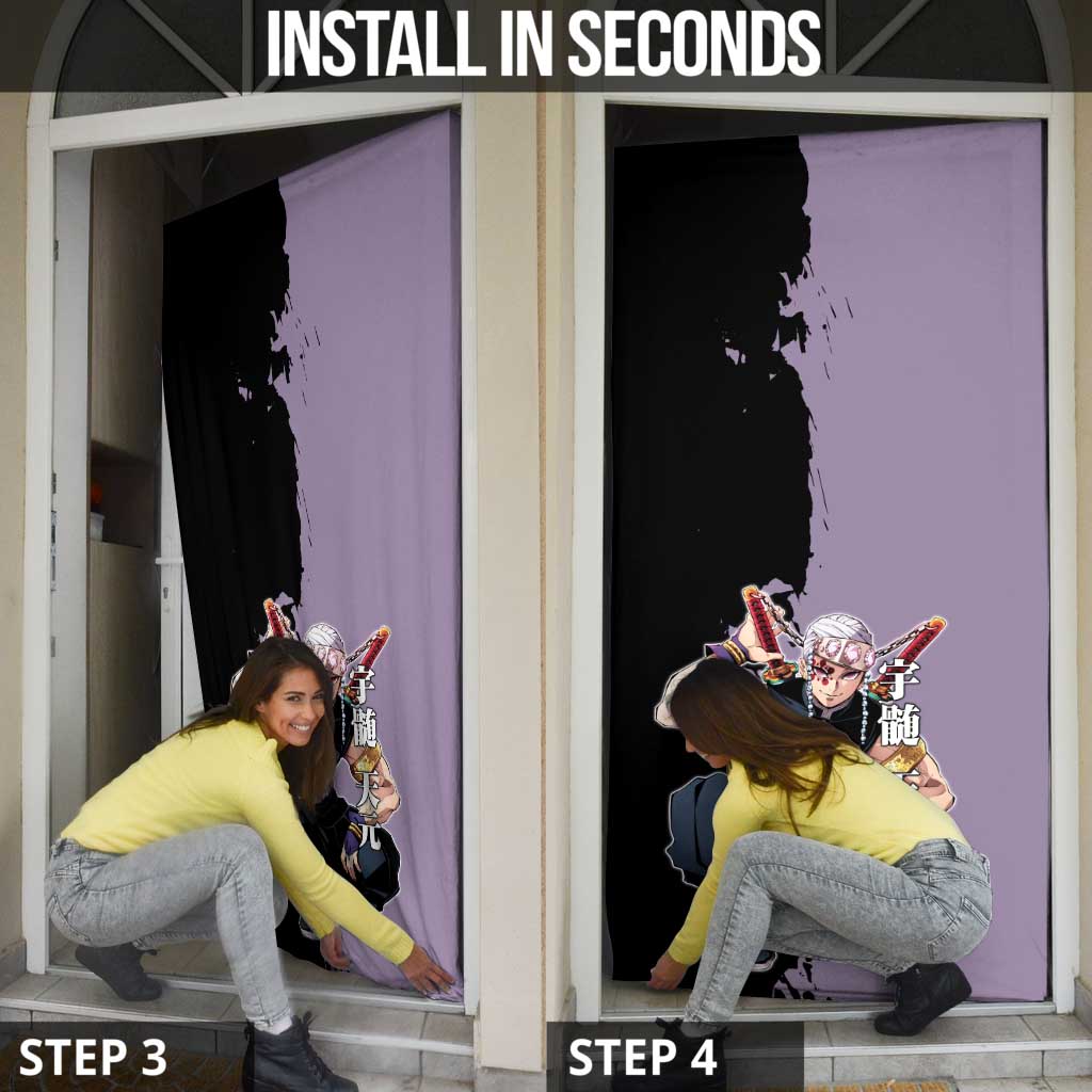 Tengen Uzui from Demon Slayer Door Cover with Purple and Black Split Design and Dual Sword Manga Panel Layout - The Mazicc