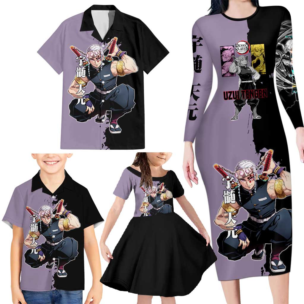 Tengen Uzui from Demon Slayer Family Matching Long Sleeve Bodycon Dress and Hawaiian Shirt with Purple and Black Split Design and Dual Sword Manga Panel Layout - The Mazicc