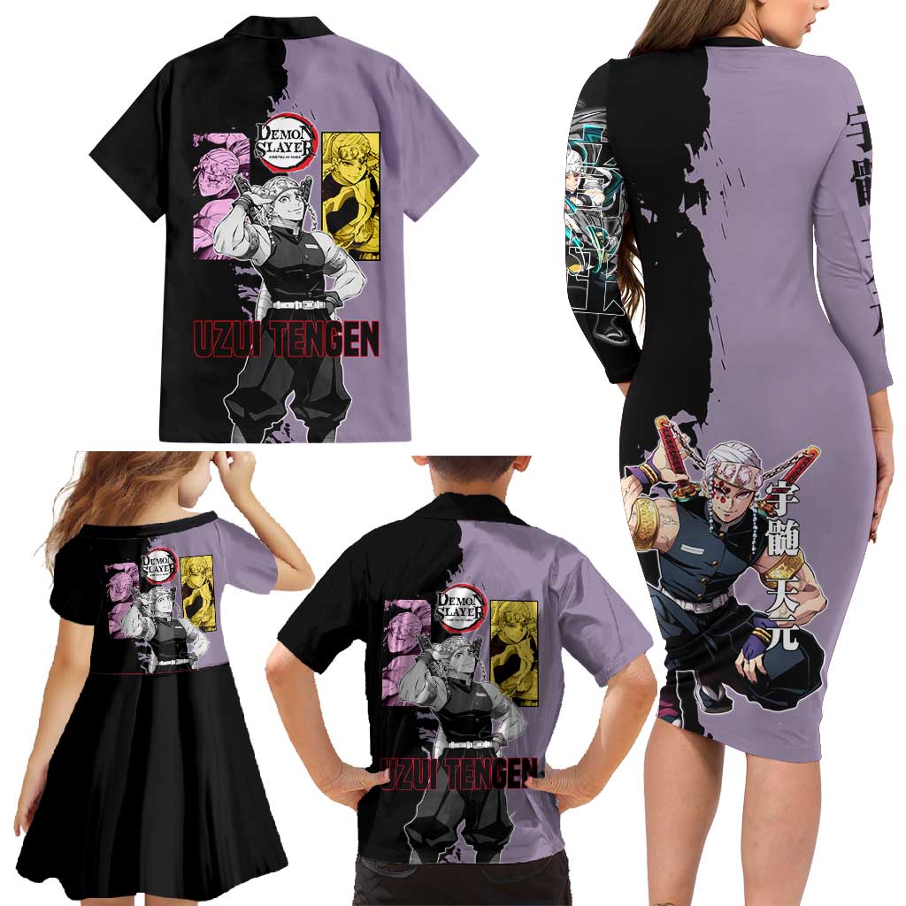 Tengen Uzui from Demon Slayer Family Matching Long Sleeve Bodycon Dress and Hawaiian Shirt with Purple and Black Split Design and Dual Sword Manga Panel Layout - The Mazicc