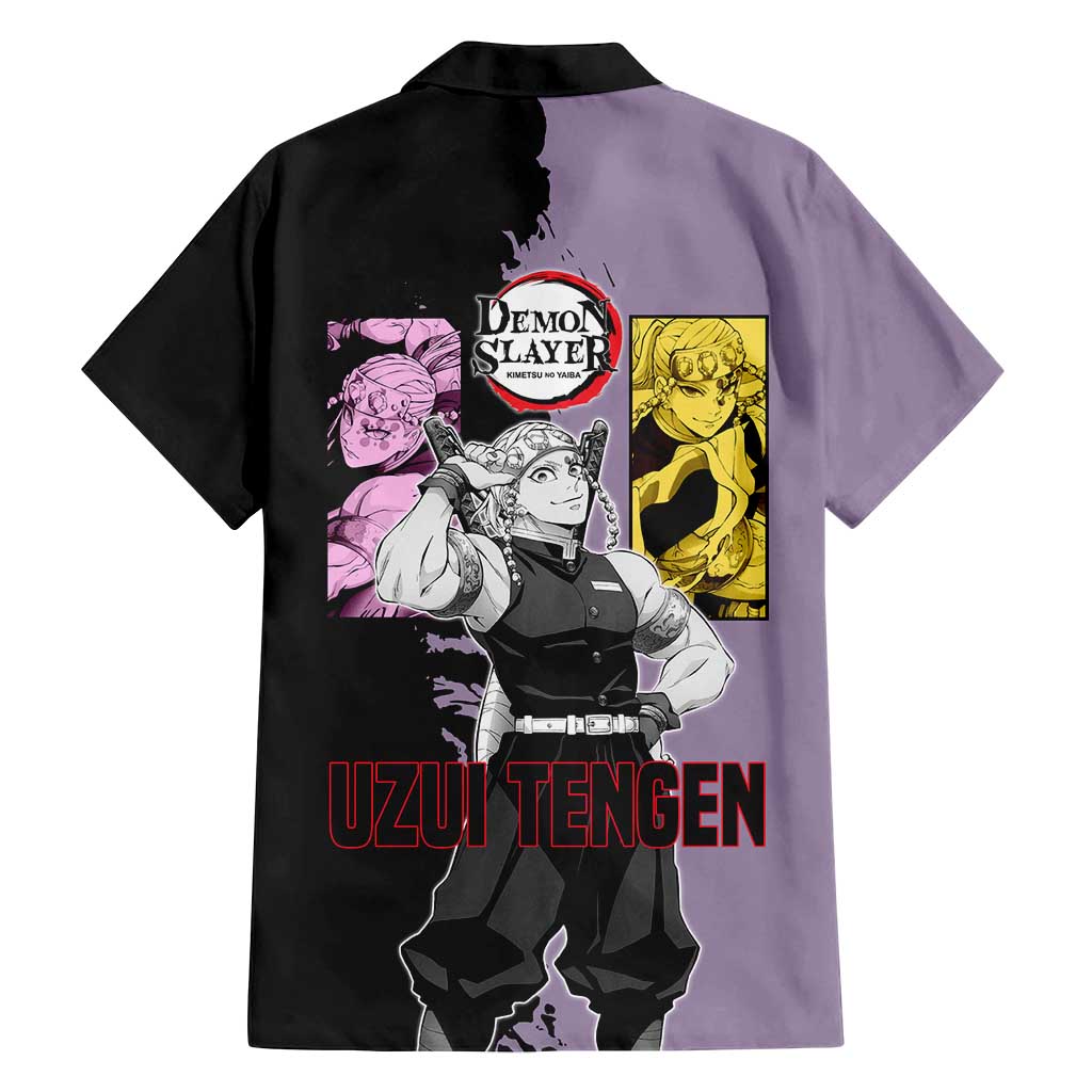 Tengen Uzui from Demon Slayer Family Matching Long Sleeve Bodycon Dress and Hawaiian Shirt with Purple and Black Split Design and Dual Sword Manga Panel Layout - The Mazicc
