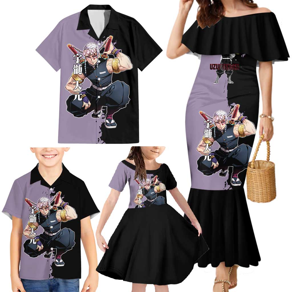 Tengen Uzui from Demon Slayer Family Matching Mermaid Dress and Hawaiian Shirt with Purple and Black Split Design and Dual Sword Manga Panel Layout - The Mazicc