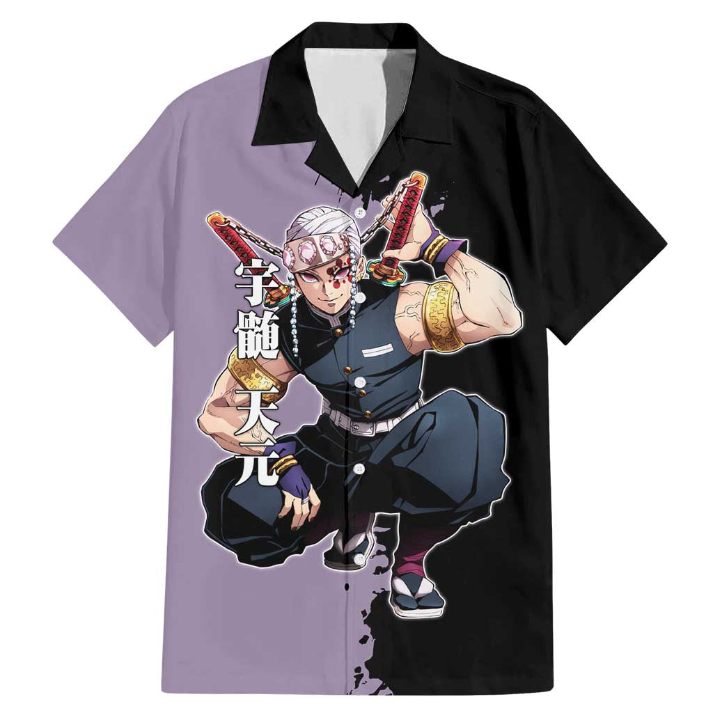 Tengen Uzui from Demon Slayer Family Matching Mermaid Dress and Hawaiian Shirt with Purple and Black Split Design and Dual Sword Manga Panel Layout - The Mazicc
