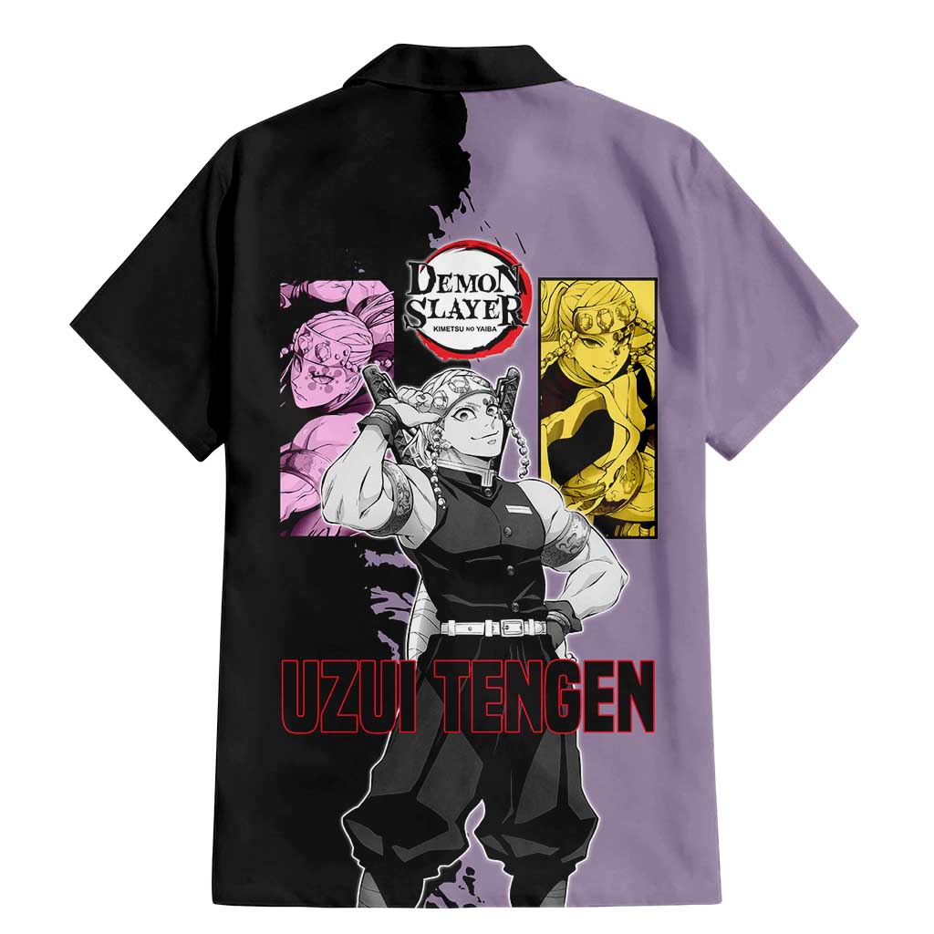 Tengen Uzui from Demon Slayer Family Matching Mermaid Dress and Hawaiian Shirt with Purple and Black Split Design and Dual Sword Manga Panel Layout - The Mazicc