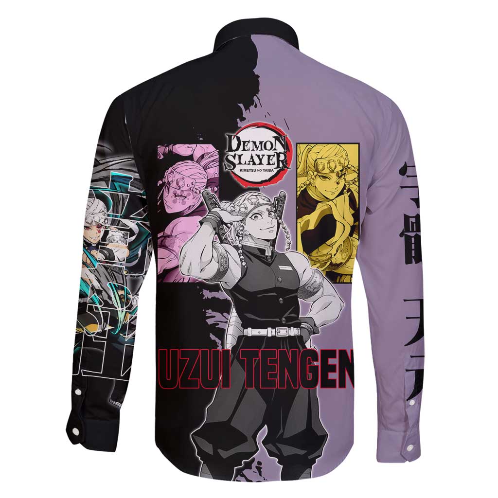 Tengen Uzui from Demon Slayer Family Matching Mermaid Dress and Hawaiian Shirt with Purple and Black Split Design and Dual Sword Manga Panel Layout - The Mazicc