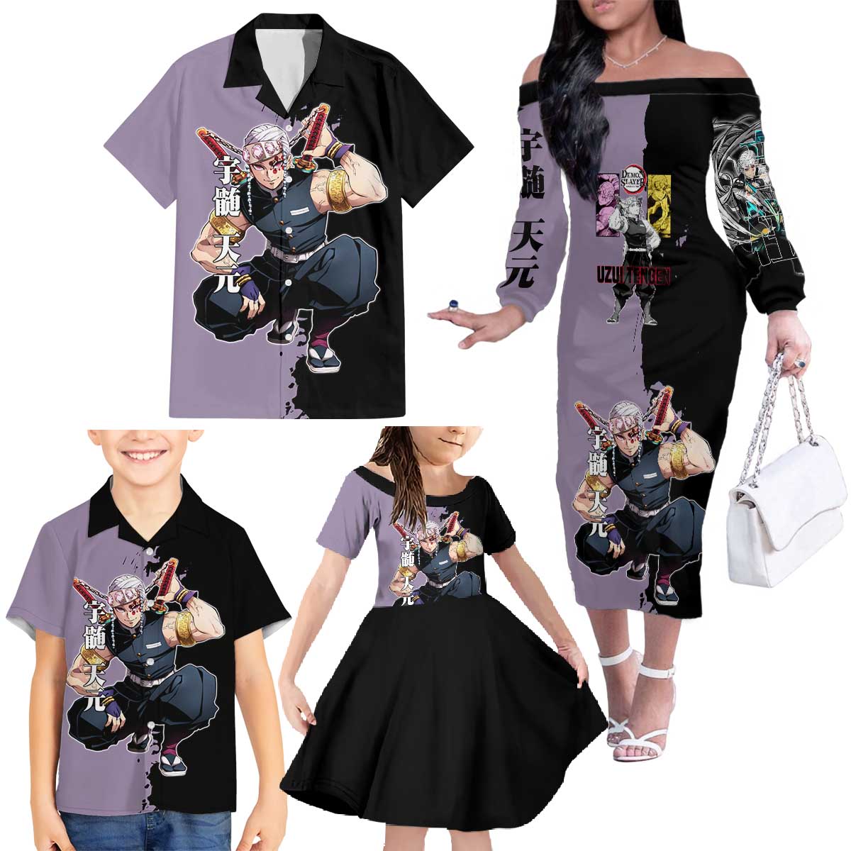 Tengen Uzui from Demon Slayer Family Matching Off The Shoulder Long Sleeve Dress and Hawaiian Shirt with Purple and Black Split Design and Dual Sword Manga Panel Layout - The Mazicc