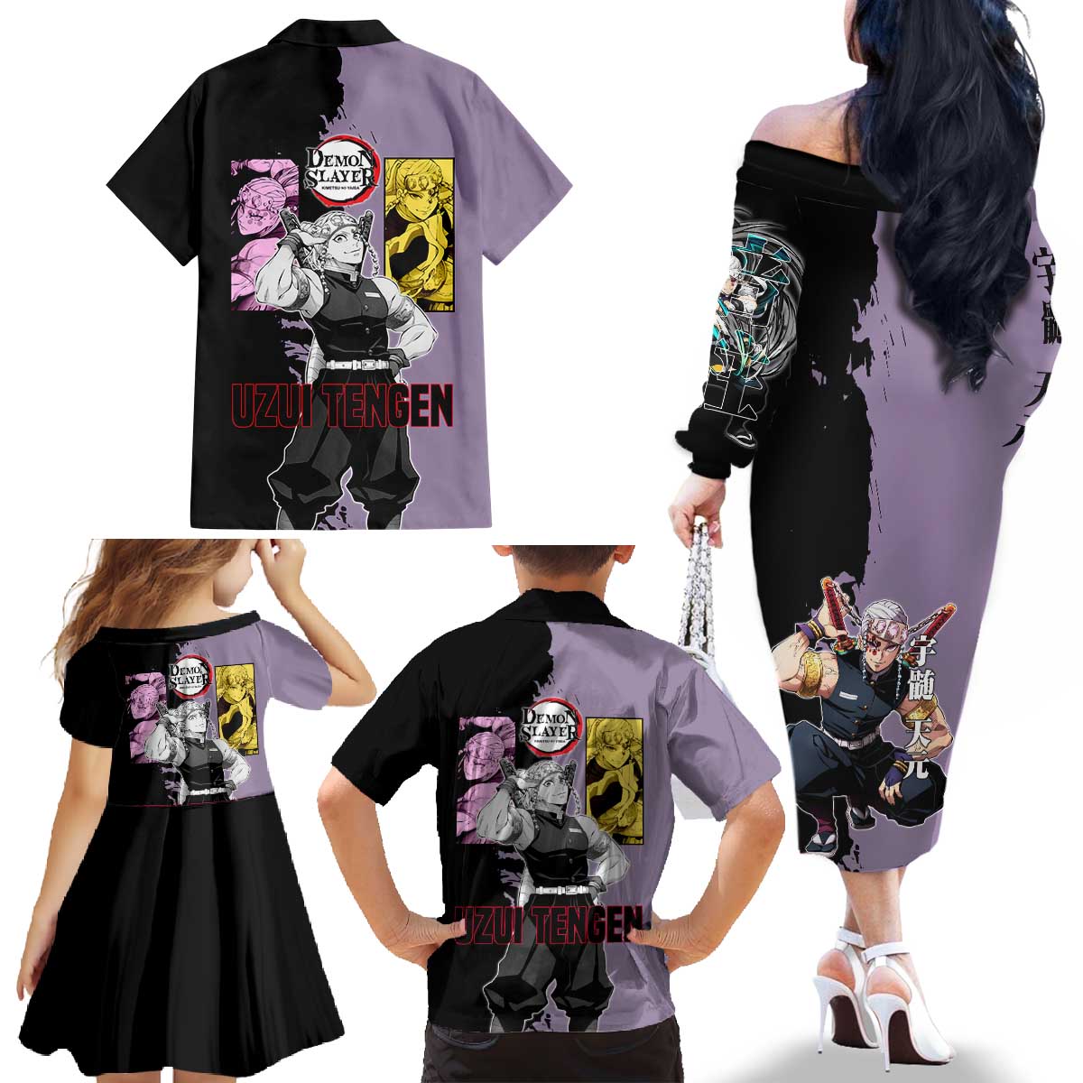 Tengen Uzui from Demon Slayer Family Matching Off The Shoulder Long Sleeve Dress and Hawaiian Shirt with Purple and Black Split Design and Dual Sword Manga Panel Layout - The Mazicc