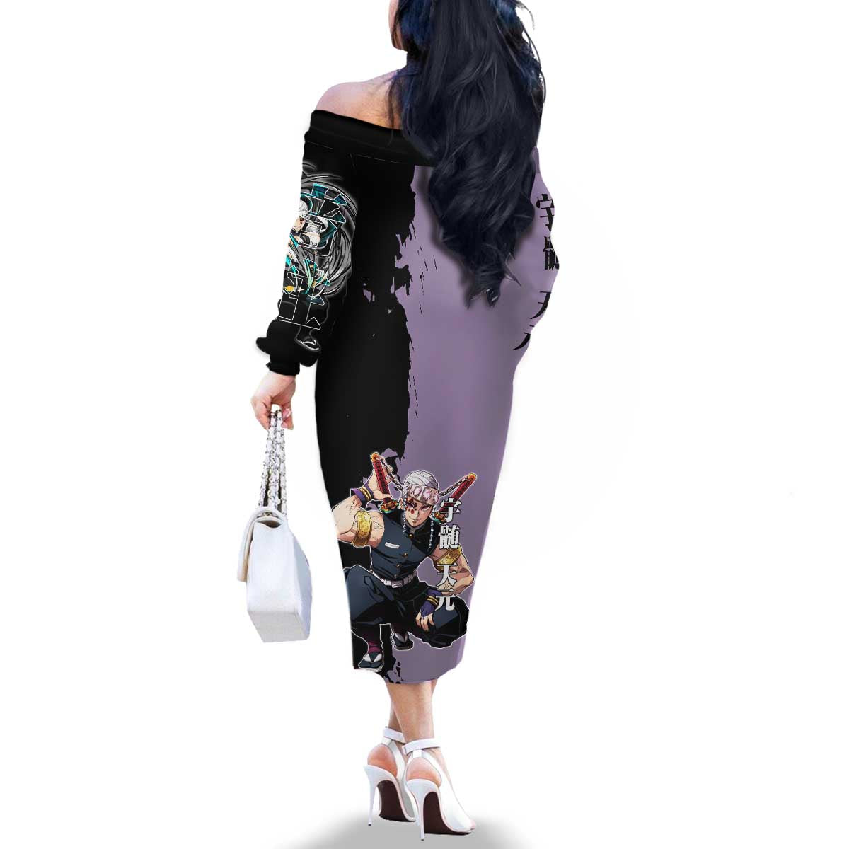 Tengen Uzui from Demon Slayer Family Matching Off The Shoulder Long Sleeve Dress and Hawaiian Shirt with Purple and Black Split Design and Dual Sword Manga Panel Layout - The Mazicc