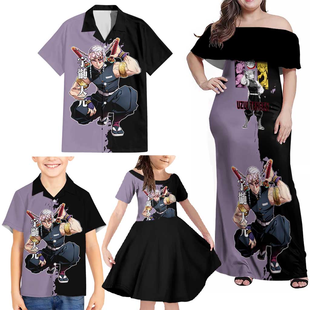 Tengen Uzui from Demon Slayer Family Matching Off Shoulder Maxi Dress and Hawaiian Shirt with Purple and Black Split Design and Dual Sword Manga Panel Layout - The Mazicc